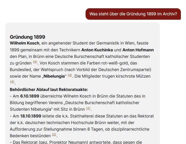 Screenshot einer Beispiel-Antwort des digitalen Archivars Findfix zur Vereinsgründung 1899